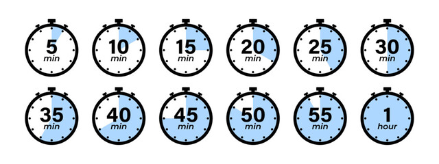 Timer, clock, stopwatch of 5, 10, 15, 20, 25, 30, 35, 40, 45, 50, 55 min and 1 hour isolated set icons. Countdown timer symbol icon set. Label cooking time. Vector illustration.