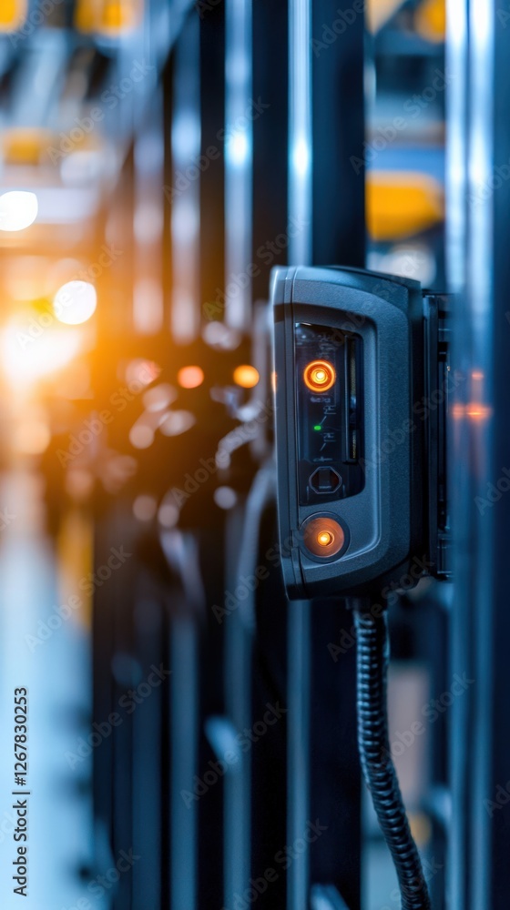 Poster close-up of a communication device with orange indicators in an industrial setting