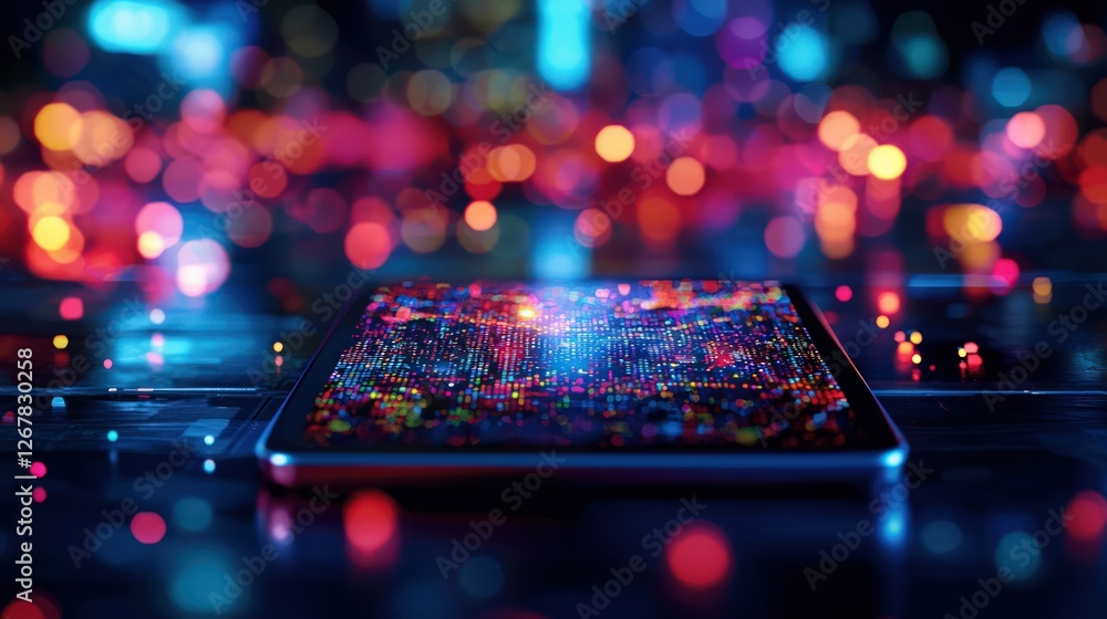 Poster close up of tablet displaying colorful abstract digital visuals on a dark background