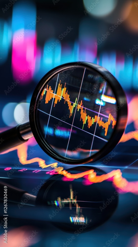 Poster magnifying glass over financial data visualization with colorful charts and graphs
