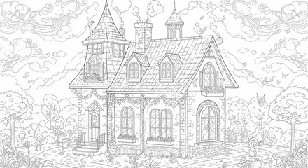 Obraz premium Detailed House & Home Building Design Coloring Book: Outline Sketch Doodle Illustrations with Page Drawing Elements