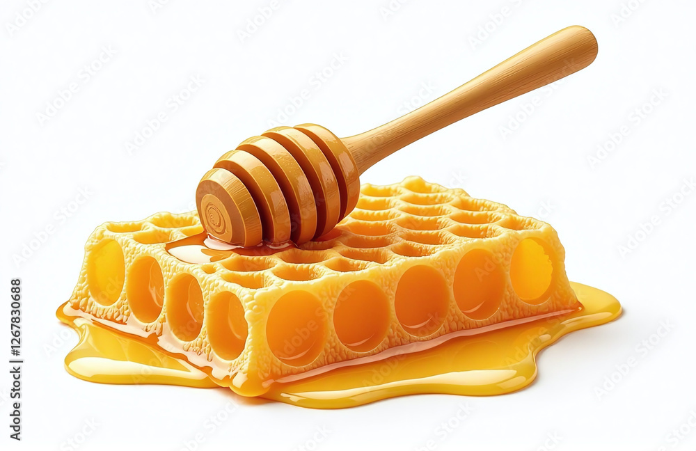 Poster honey and honeycomb are isolated on a clean white background for clear visibility and detailed obser