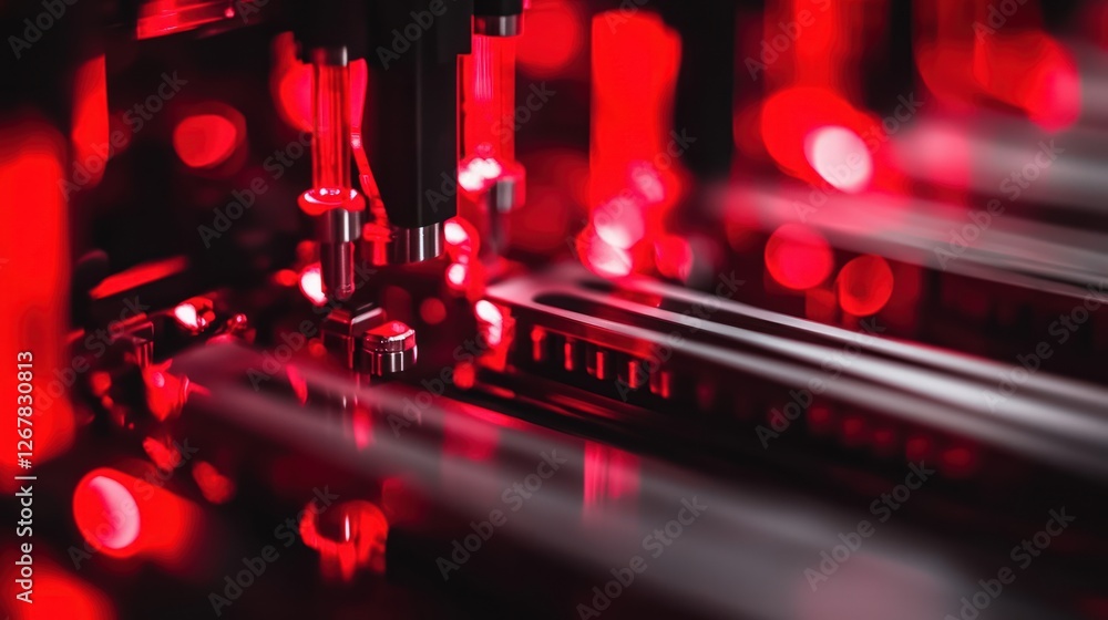 Poster closeup view of advanced technology components emitting red light with dynamic reflections