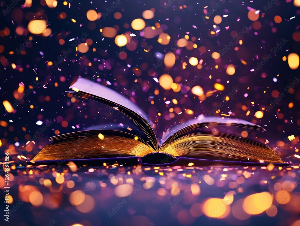 Poster magical open book surrounded by sparkling light and bokeh effects in a mysterious setting