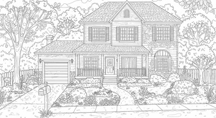 Obraz premium Detailed House & Home Building Design Coloring Book: Outline Sketch Doodle Illustrations with Page Drawing Elements