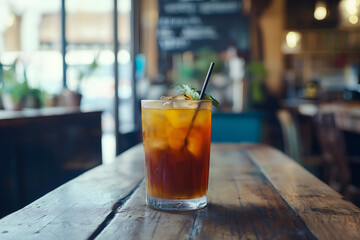 A refresh glass of iced tea placed on the table outdoor.