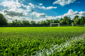Close-up of green soccer turf, with blurred goalposts in the background, highlighting the movement and intensity of the live match.

