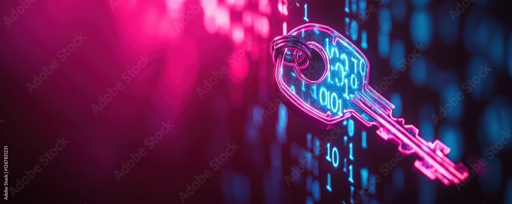 Poster neon digital key concept representing cyber security and data protection technology