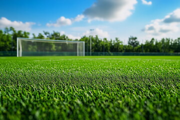 Close-up of green soccer turf, with blurred goalposts in the background, highlighting the movement and intensity of the live match.

