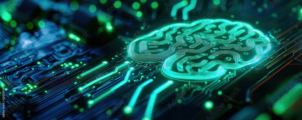 Poster glowing neon brain design over circuit board representing artificial intelligence technology