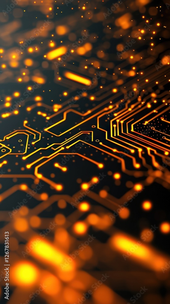 Poster abstract representation of digital circuit board with orange glowing lines on black background