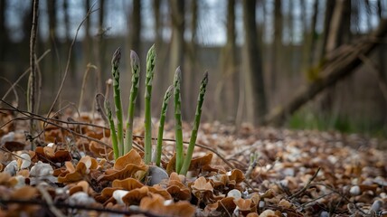 Wild asparagus growing in a wooded area.