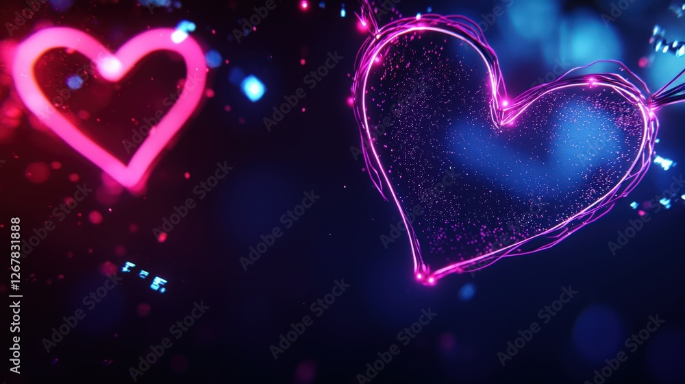 Poster abstract neon hearts glowing in a colorful background with sparkling lights