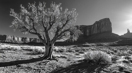 Lone tree in black and white desert landscape with mountains.