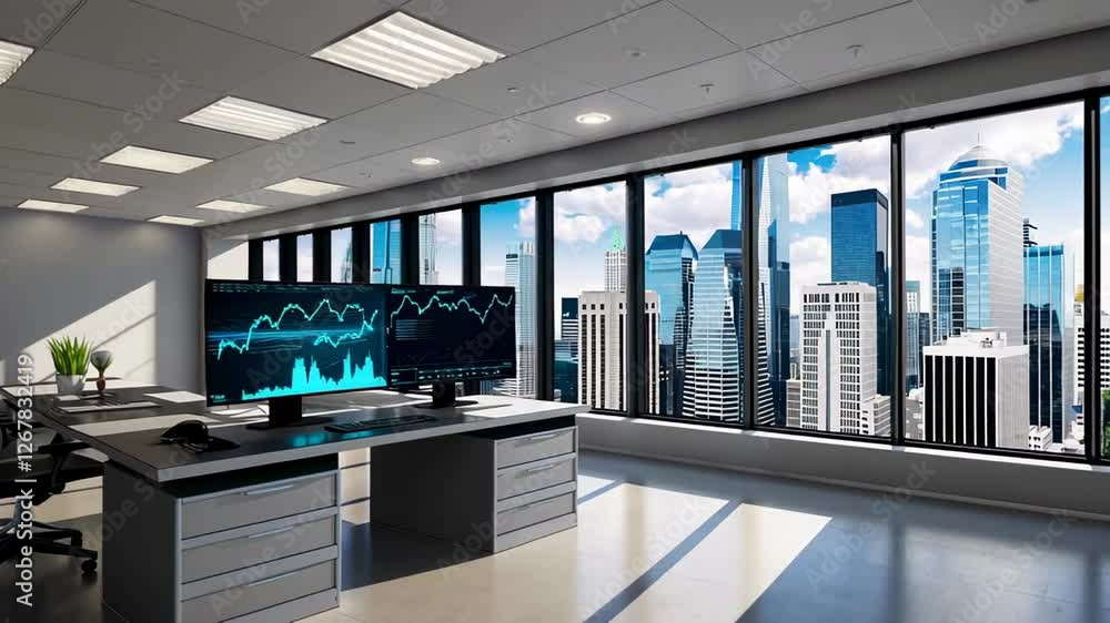 Poster Elegant office interior with large windows showcasing new york city's skyline, featuring computer monitors displaying financial data in a slow motion animated sequence