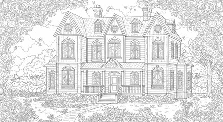 Obraz premium Detailed House & Home Building Design Coloring Book: Outline Sketch Doodle Illustrations with Page Drawing Elements
