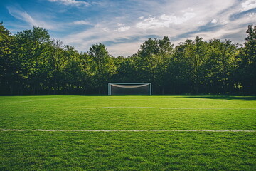 Fototapeta premium Soccer field with freshly cut green grass, blurred goals in the background, creating a dynamic perspective of the ongoing football match.