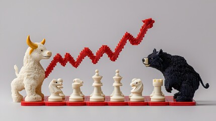 Bull and bear chess match symbolizing market trends business arena digital art minimalist style front view economic concepts for financial analysis
