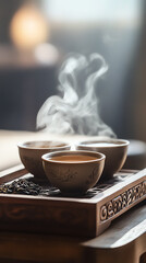 Three steaming bowls of herbal tea on an ornate wooden tray, creating a calming atmosphere of relaxation.