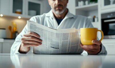 Man Reading Newspaper with Coffee in Kitchen