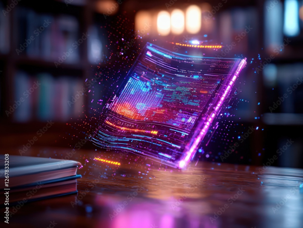 Poster enchanted book floating in a library with colorful glowing energy and dynamic lights