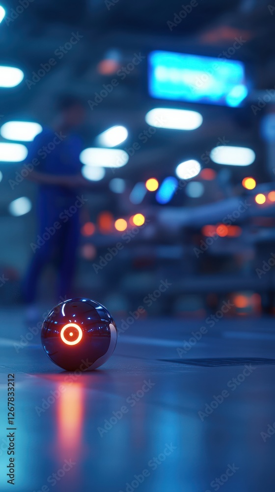 Poster sphere-shaped robot on a floor in a high-tech workplace surrounded by ambient lighting