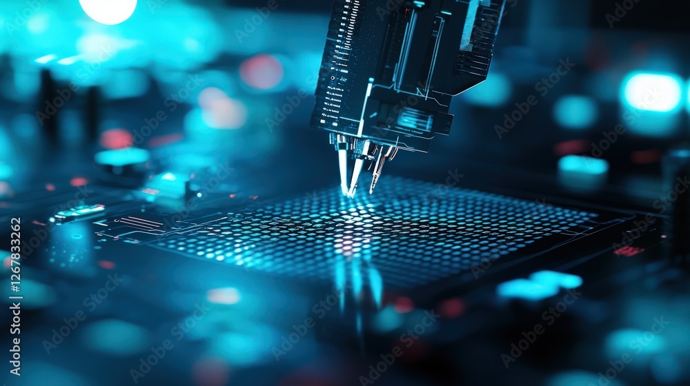 Poster detailed close-up of a robotic arm interacting with a microchip in blue light environment