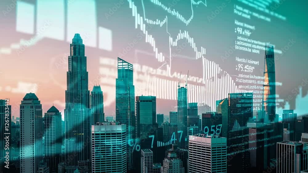 Poster financial charts dynamically overlaying shanghai skyline during sunset, revealing market data evolut