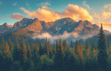 Obraz premium A foggy, natural at dawn, a misty fir woodland illuminated by the sun.