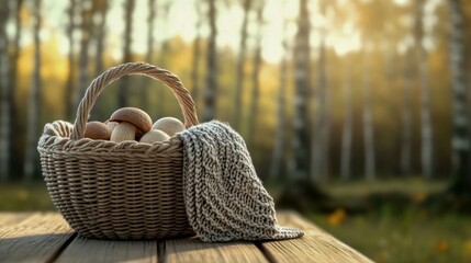Obraz premium Wicker Basket Filled with Fresh Mushrooms in Autumn Forest