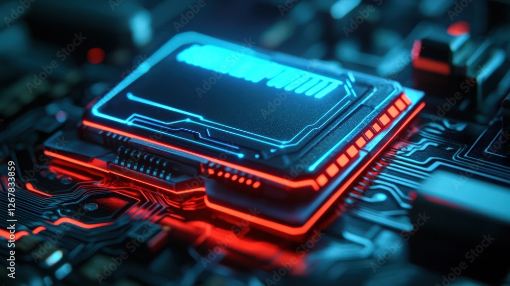 Poster close-up of a futuristic microprocessor chip with glowing blue and red lights on circuit board