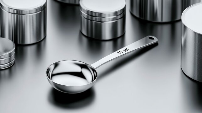 Stainless Steel Measuring Spoon on Reflective Kitchen Surface