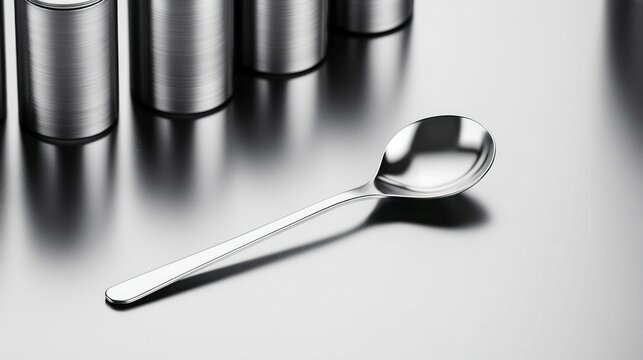Stainless Steel Measuring Spoon on Reflective Kitchen Surface