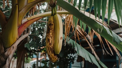 Banana stem hanging in a tropical setting.