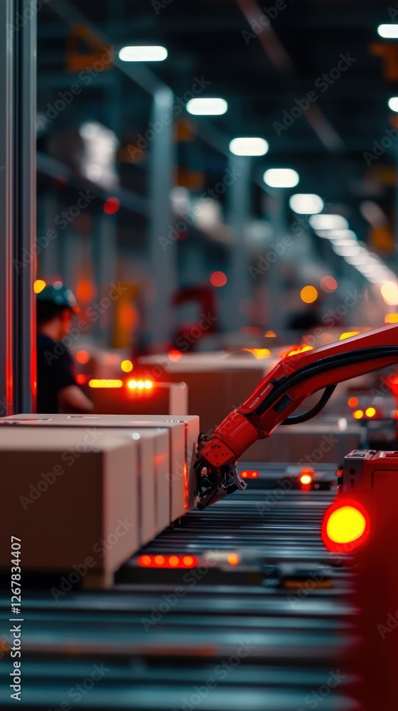 Poster automated warehouse system with robotic arm handling boxes in high-tech logistics facility