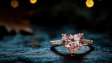 An enchanting heart-shaped ring featuring a stunning rose pink gemstone, embellished with elegant diamond accents, resting on a mysterious dark surface.