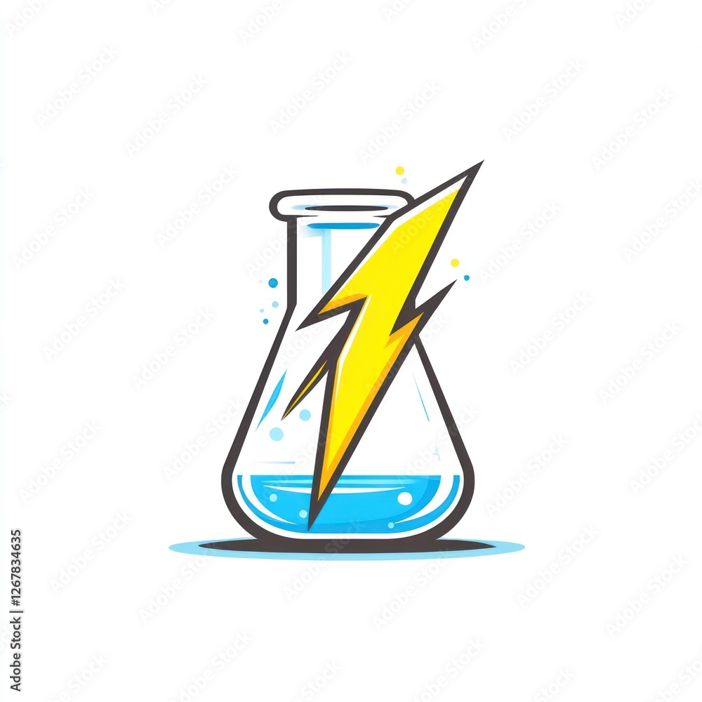 Poster cartoon science lab flask with lightning bolt, vector graphic, possible use in education or technolo