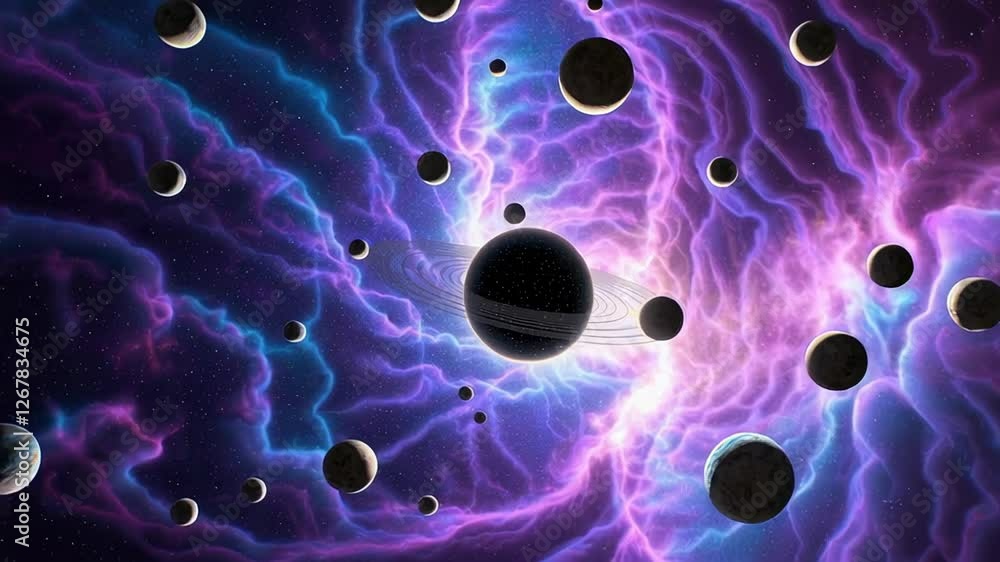 Poster cosmic panorama revealing massive black hole gravitationally pulling neighboring planets through pur