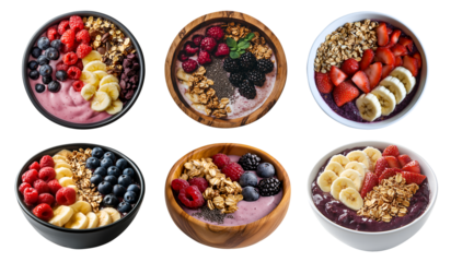 3 Set of Bowl of Acai smoothie yoghurt yogurt, top front view, different ingredient seed, colourful fruits, banana blueberry raspberry, nuts on transparent cutout PNG. Mockup template for design