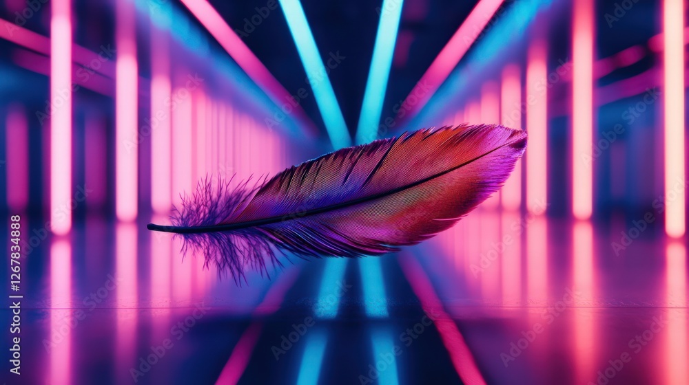 Poster colorful feather floating in neon lights with reflections on a smooth surface