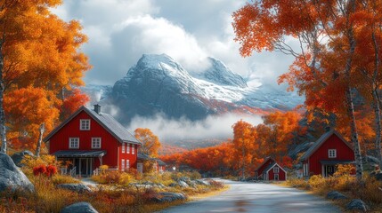 Autumnal mountain village, red houses, road, snowy peaks