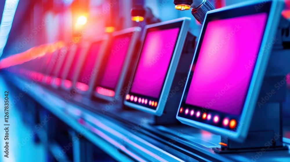 Poster line of monitors with colorful neon lighting in a high-tech digital workspace