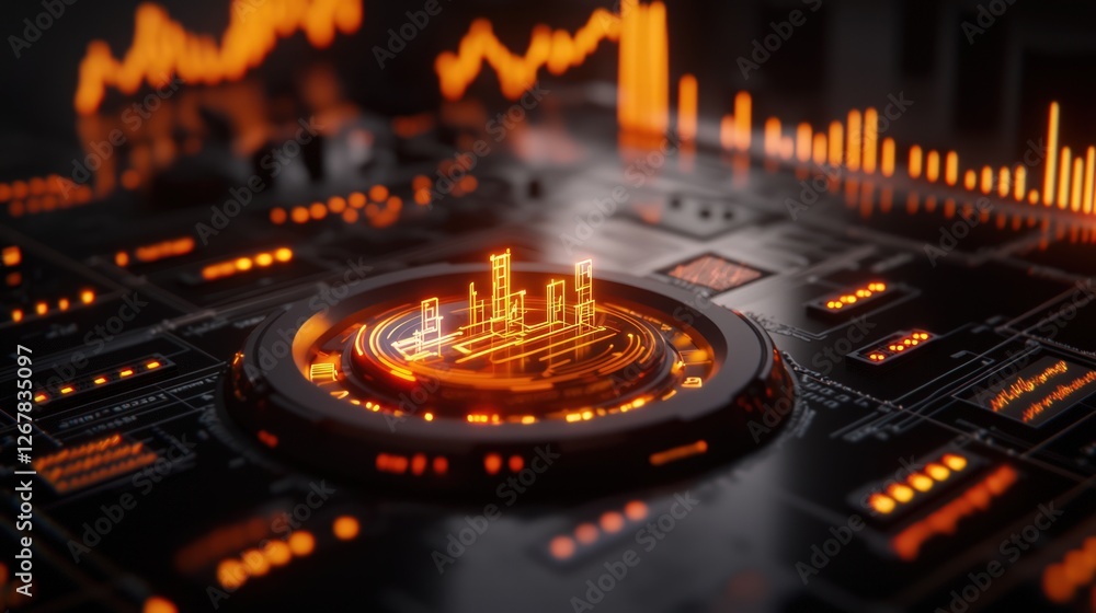Poster futuristic data visualization with orange elements on digital circuit board