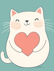 Cute chubby cat holding a heart, drawn in a clean vector illustration style. Smooth and clearly defined contours, soft pastel colors, minimalistic design, no gradients, print scalable, high resolution