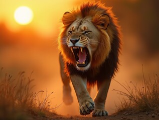 Obraz premium Angry lion druring sunset or sunrise