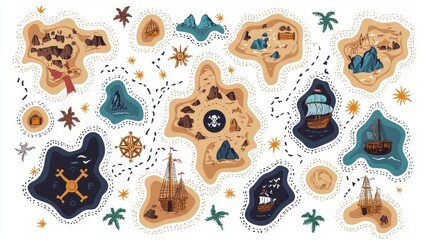 Colorful hand-drawn treasure map featuring islands, ships, and landmarks of adventure.
