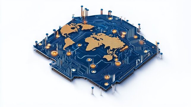 A digital representation of the world on a circuit board, symbolizing global connectivity.
