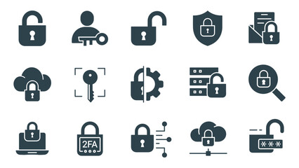 Security solid Icon Set Vector. Lock, Protection, and Safety Symbols illustrations