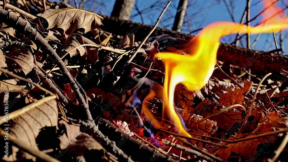 Poster slow motion sequence capturing flames consuming dry leaves and twigs, revealing intricate fire dynam