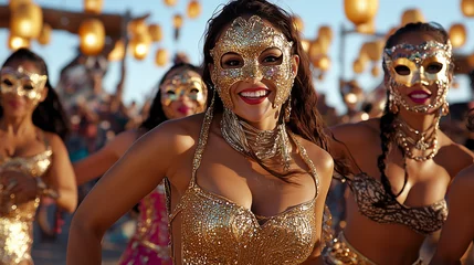 A woman in a sparkling golden masquerade mask smiles joyfully at a vibrant carnival celebration, surrounded by dancers in glittering costumes and festive lanterns, creating an enchanting atmosphere.